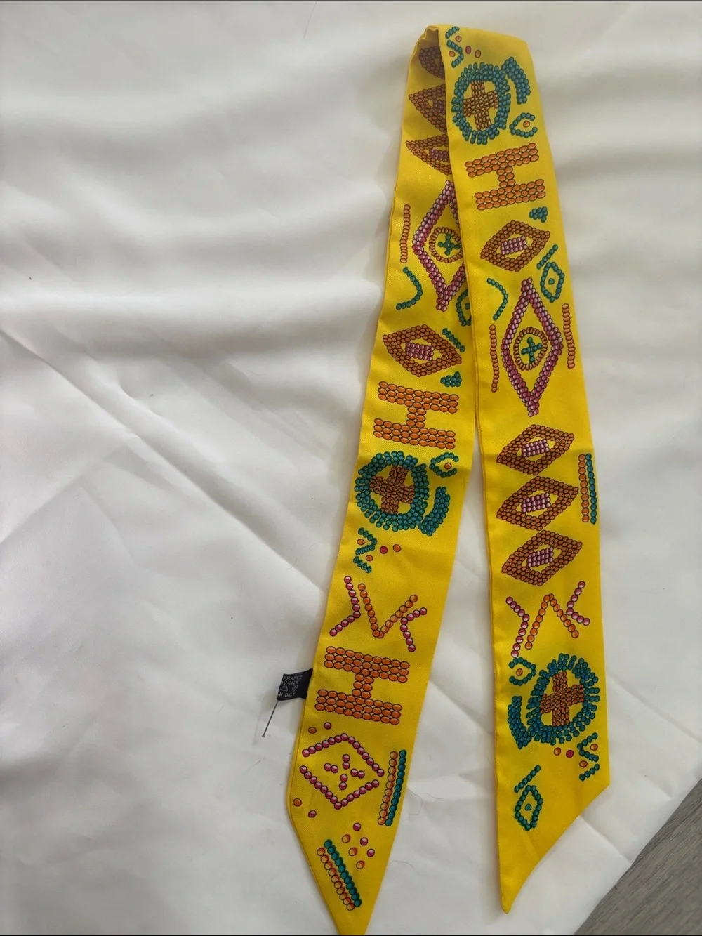 Hermes Yellow Silk Patterned Twilly Scarf with Pink and Teal Accents